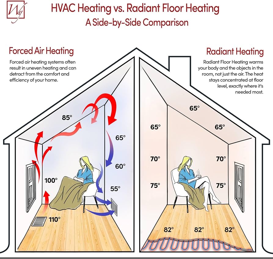Forced air heating compared with radiant floor heating